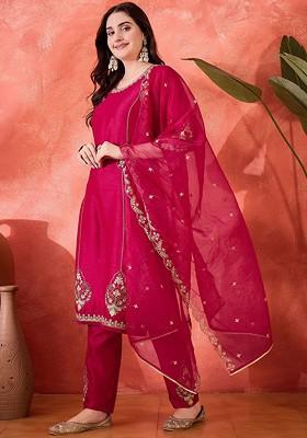 Pink Embroidered Blended Kurta Set