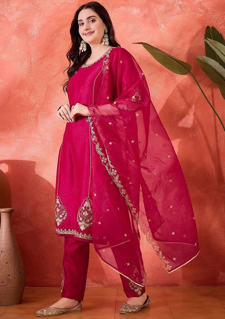 Pink Embroidered Blended Kurta Set - Indya