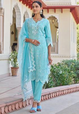 Blue Embroidered Blended Kurta Set