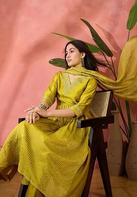 Mustard Embroidered Blended Kurta Set