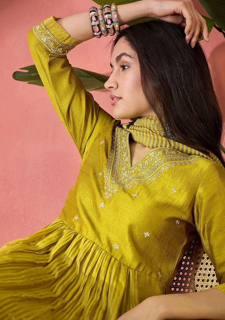 Mustard Embroidered Blended Kurta Set - Indya