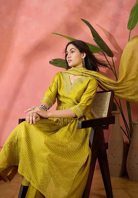 Mustard Embroidered Blended Kurta Set