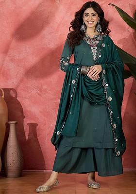 Green Embroidered Blended Kurta Set