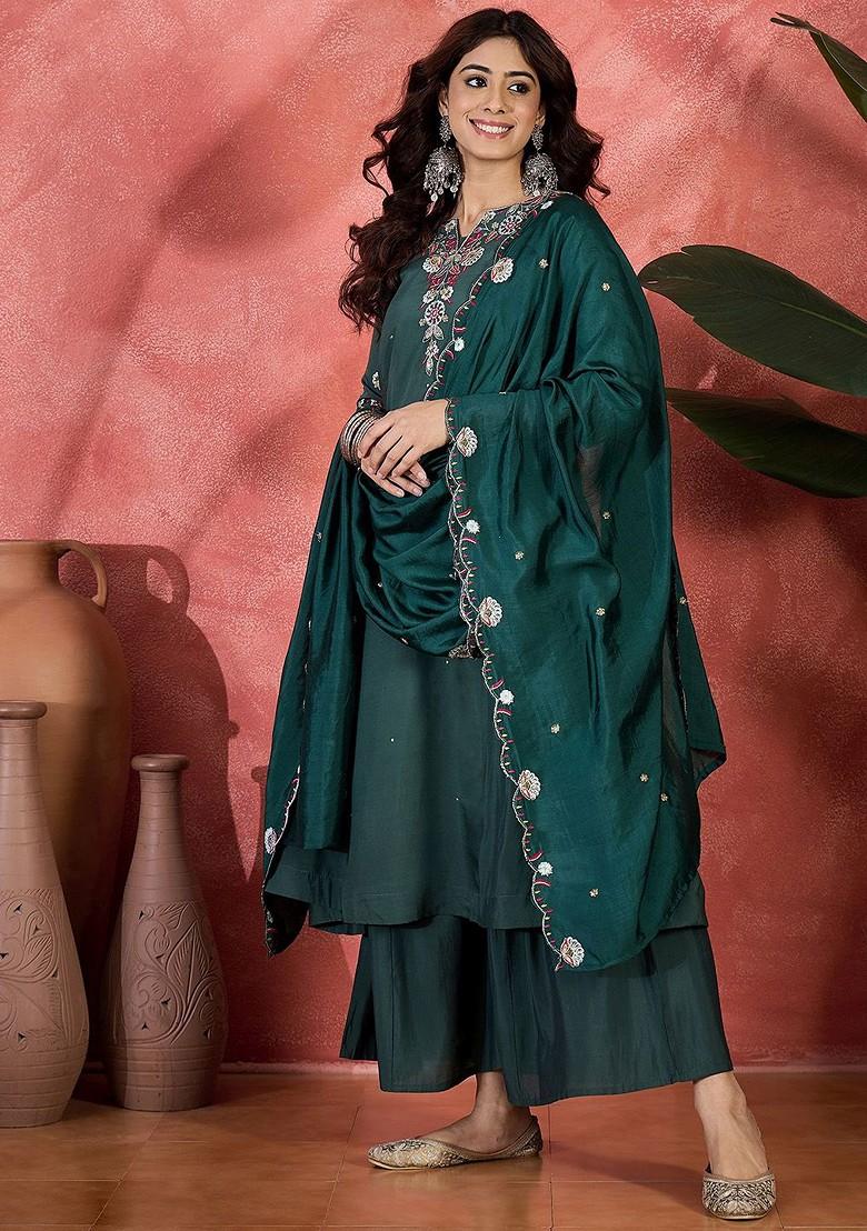 Green Embroidered Blended Kurta Set - Indya