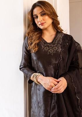 Black Embroidered Blended Kurta Set