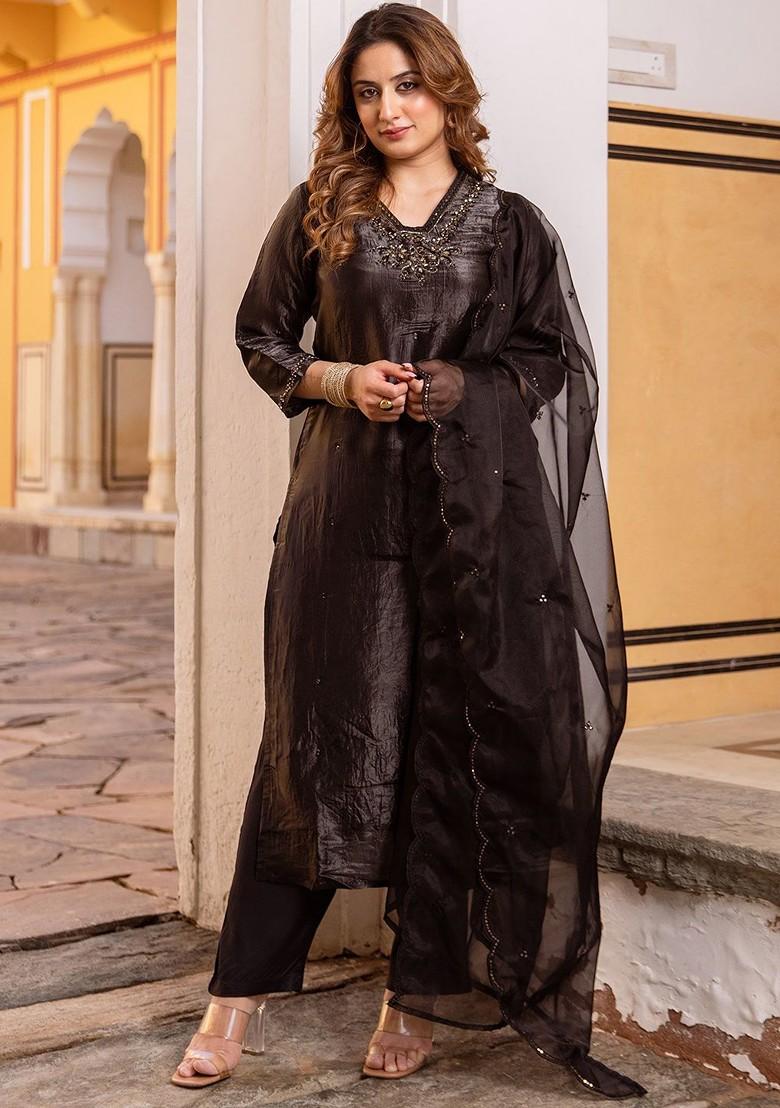 Black Embroidered Blended Kurta Set - Indya