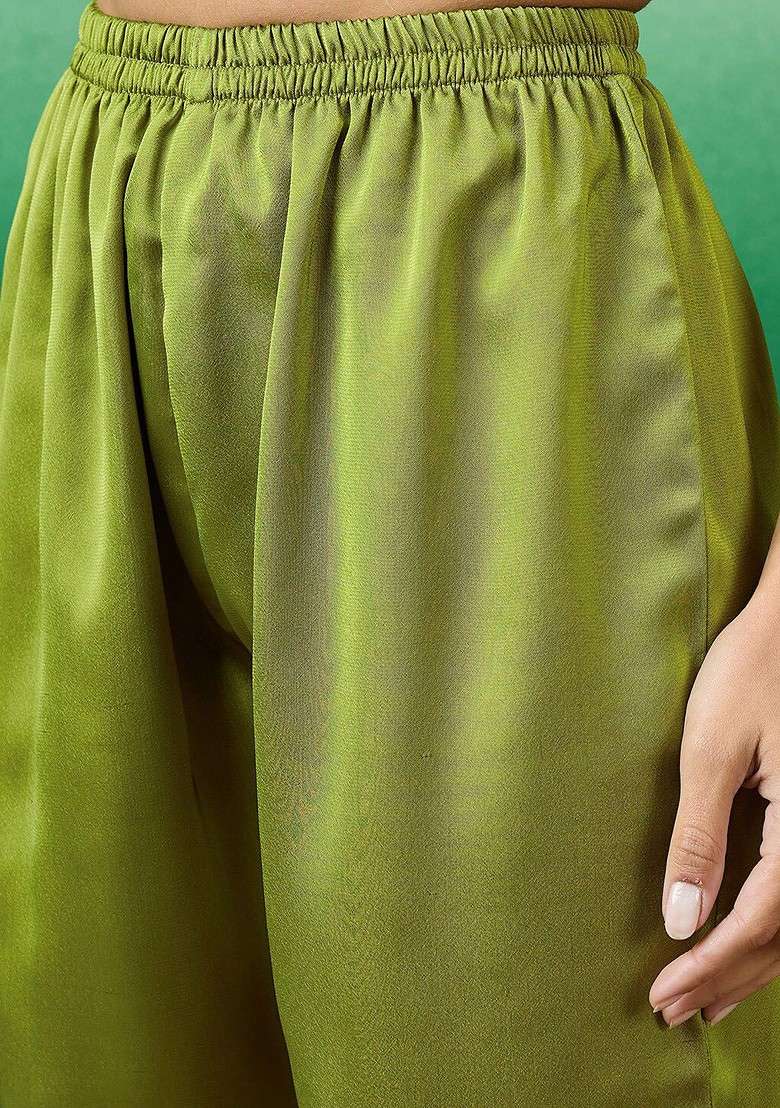 Lime Green Embroidered Blended Kurta Set - Indya