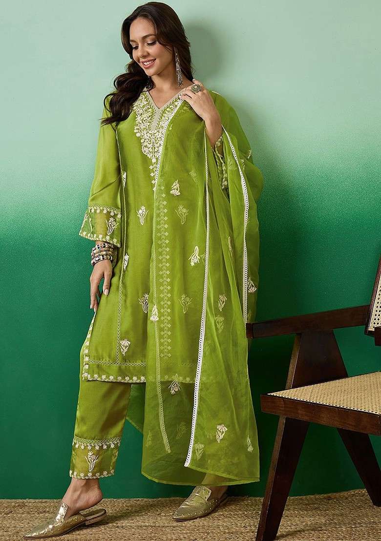 Lime Green Embroidered Blended Kurta Set - Indya