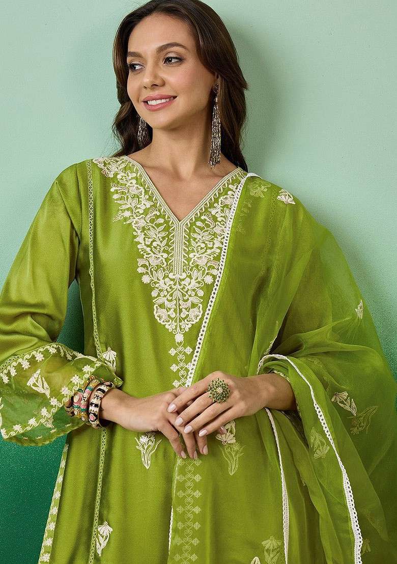 Lime Green Embroidered Blended Kurta Set - Indya