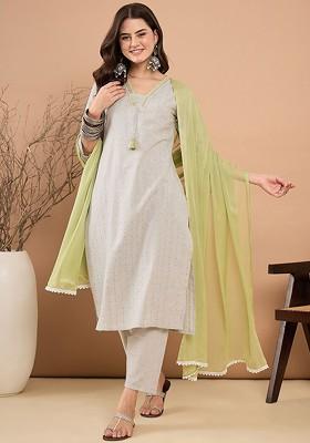 Grey Printed Blended Kurta Set