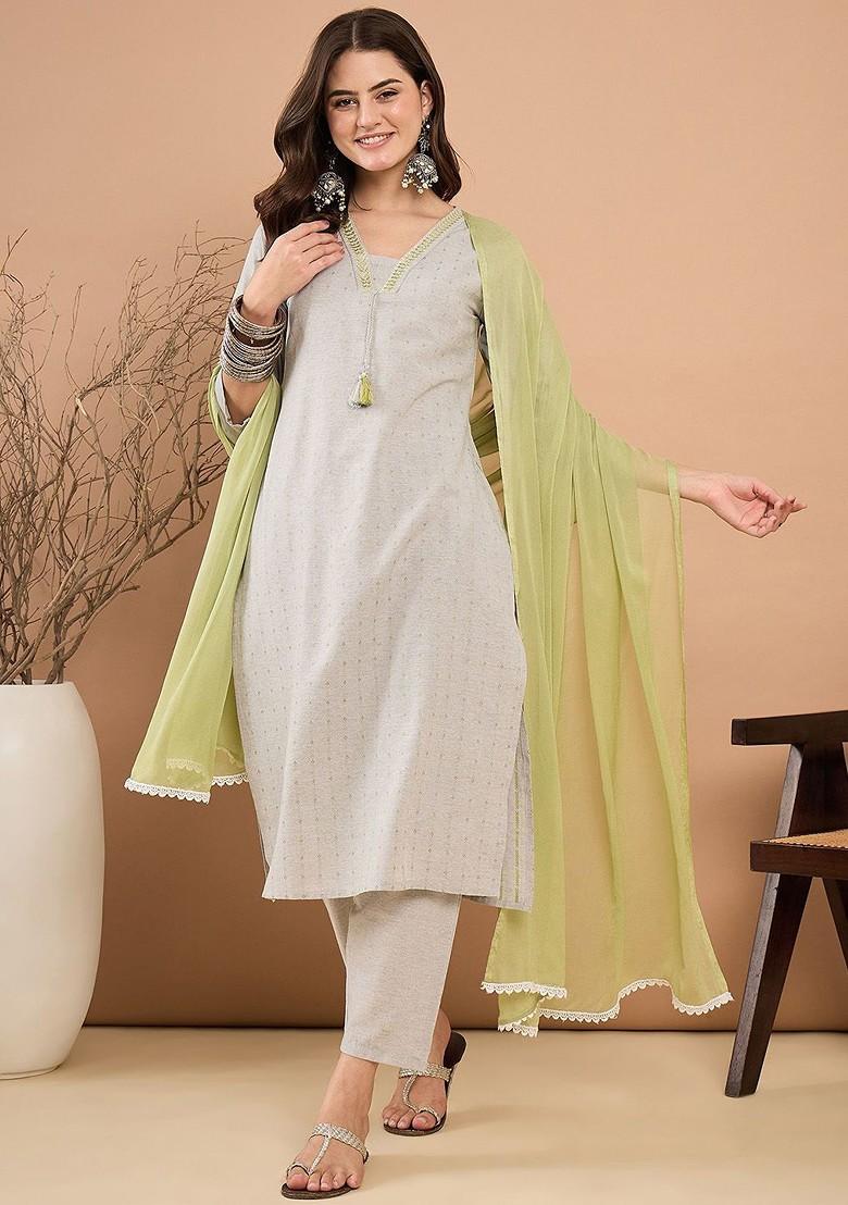 Grey Printed Blended Kurta Set - Indya