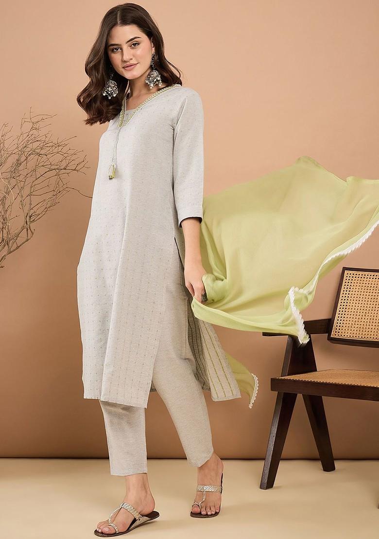 Grey Printed Blended Kurta Set - Indya