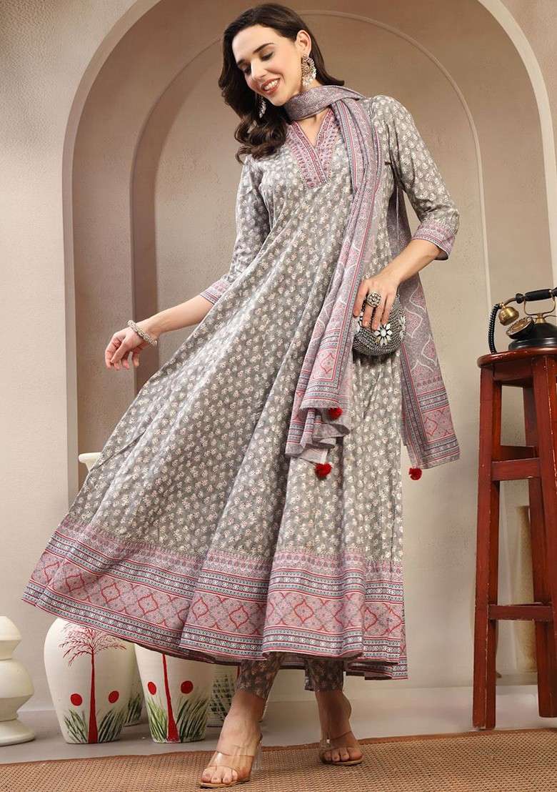 Grey Embroidered Blended Kurta Set - Indya