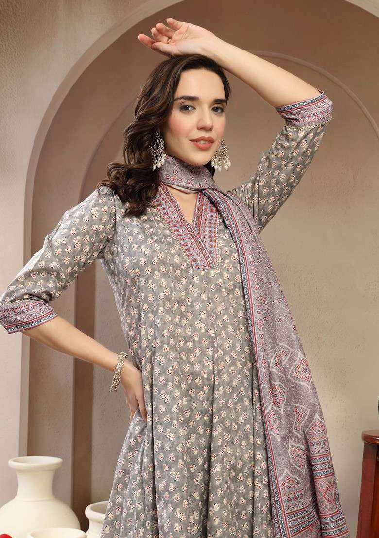 Grey Embroidered Blended Kurta Set - Indya