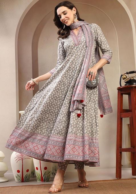 Grey Embroidered Blended Kurta Set