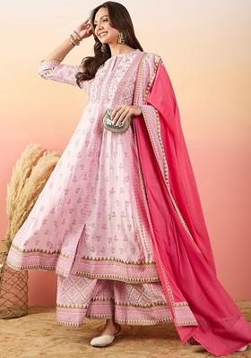 Pink Printed Blended Kurta Set