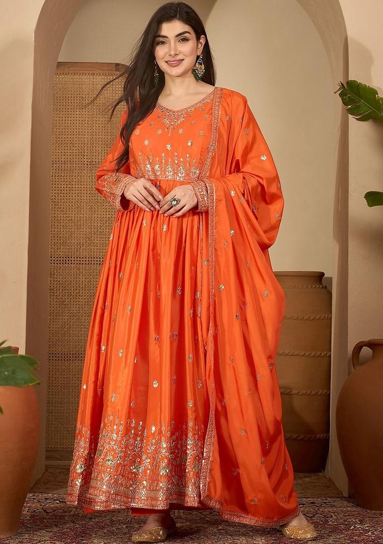 Orange Sequence Work Blended Kurta Set - Indya