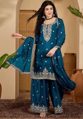 Teal Embroidered Blended Kurta Set