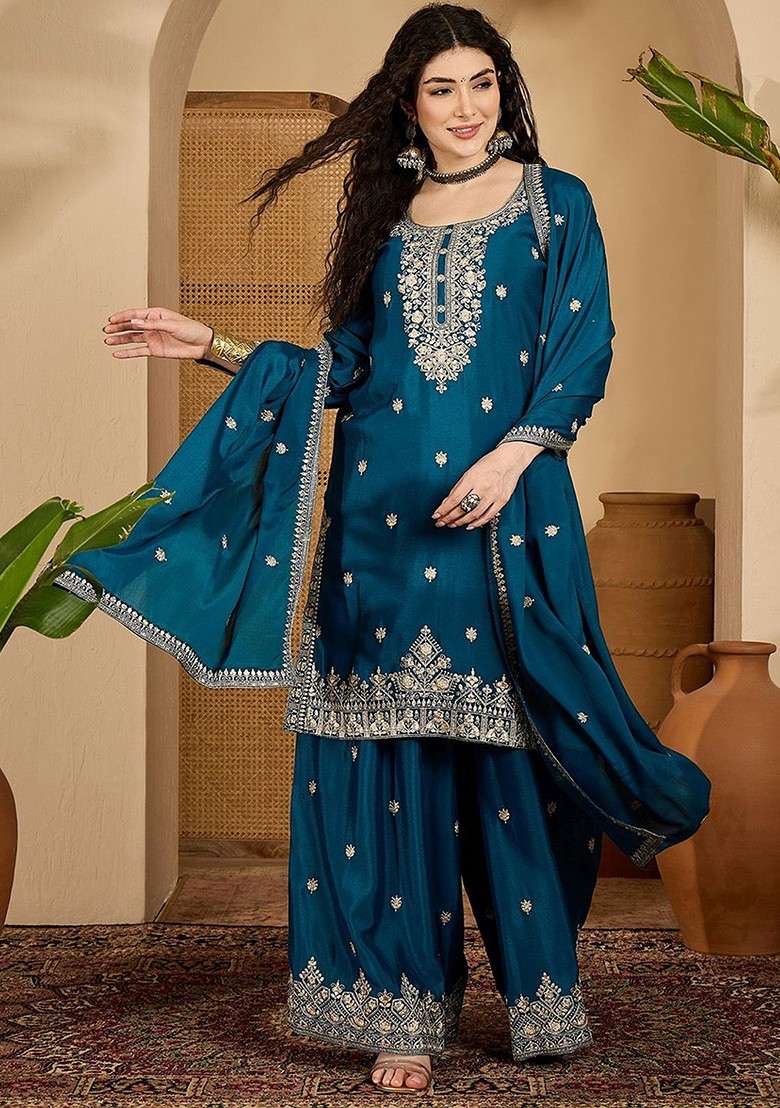 Teal Embroidered Blended Kurta Set - Indya