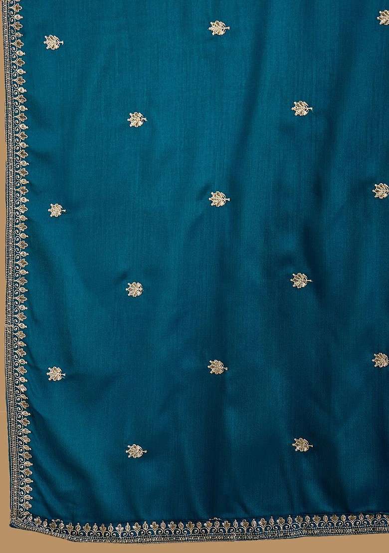 Teal Embroidered Blended Kurta Set - Indya