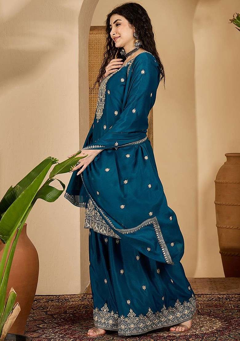Teal Embroidered Blended Kurta Set - Indya