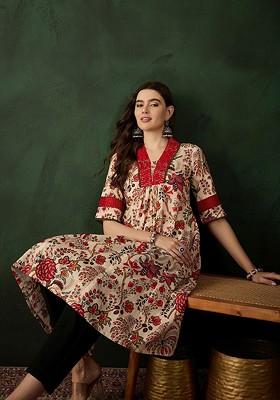 Beige Printed Blended Kurta Set