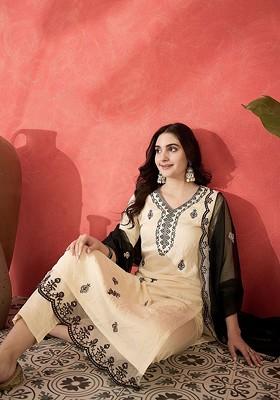 Off White Embroidered Blended Kurta Set