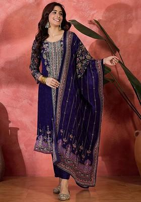 Navy Blue Embroidered Blended Kurta Set