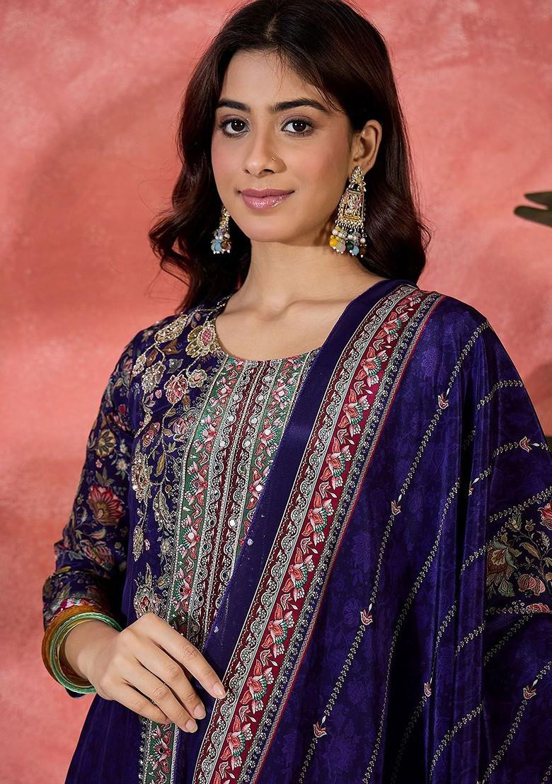Navy Blue Embroidered Blended Kurta Set - Indya
