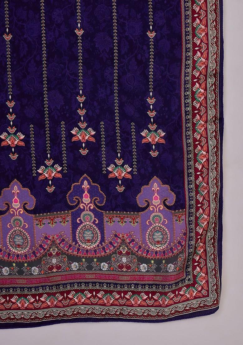 Navy Blue Embroidered Blended Kurta Set - Indya