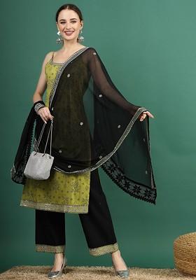 Green Embroidered Blended Kurta Set