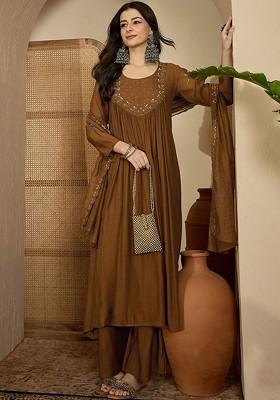 Brown Embroidered Blended Kurta Set