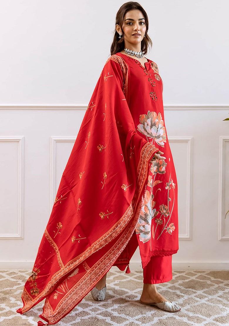 Red Printed Blended Kurta Set