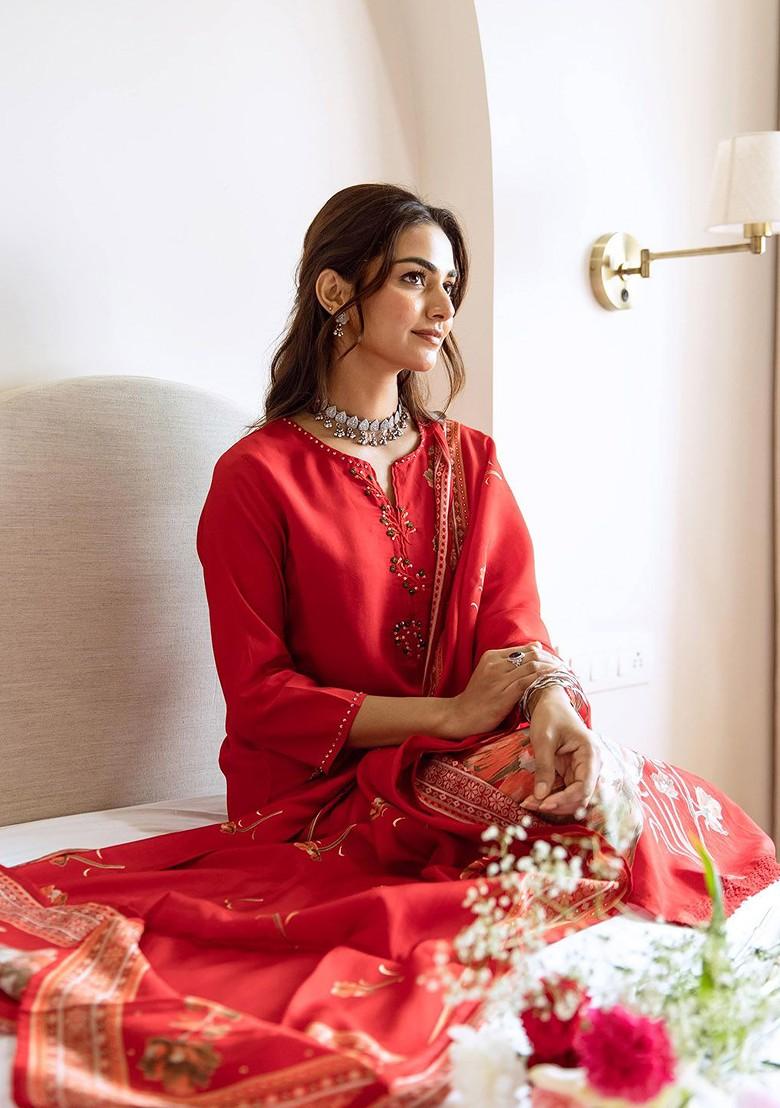 Red Printed Blended Kurta Set