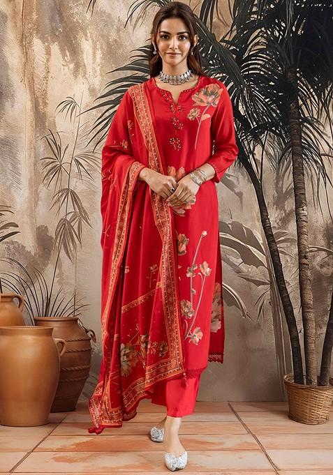 Red Printed Blended Kurta Set