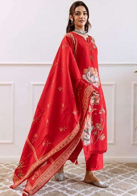Red Printed Blended Kurta Set