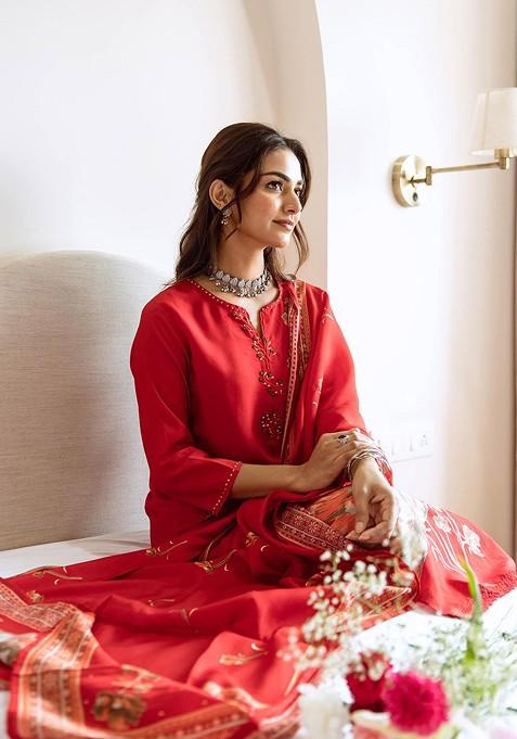 Red Printed Blended Kurta Set