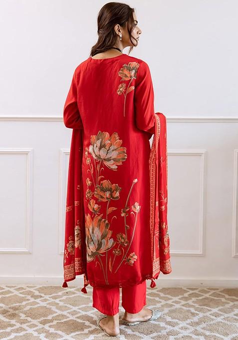 Red Printed Blended Kurta Set