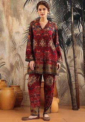 Maroon Printed Blended Kurta Set