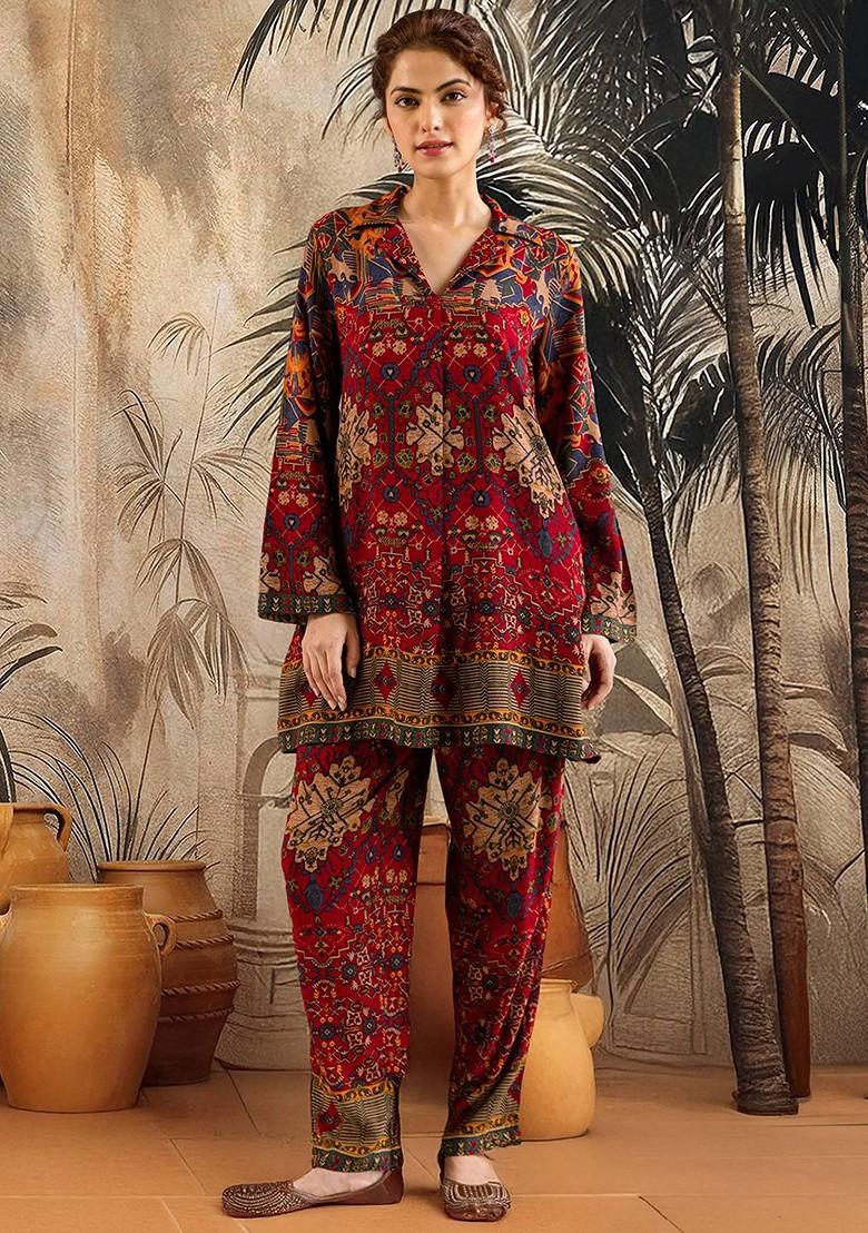 Maroon Printed Blended Kurta Set - Indya