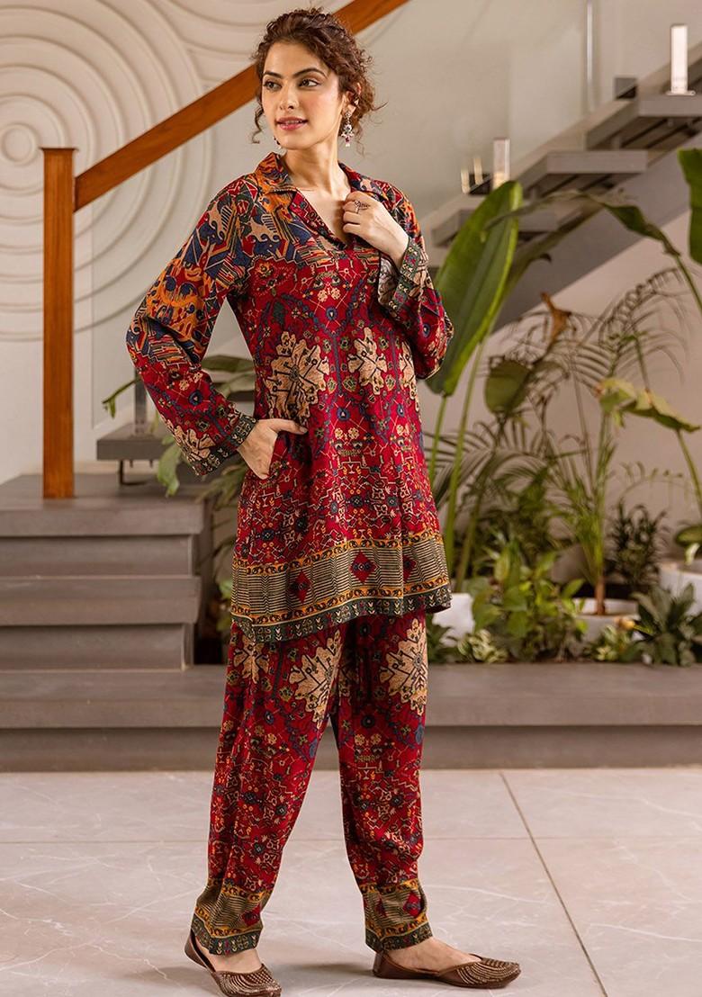 Maroon Printed Blended Kurta Set - Indya