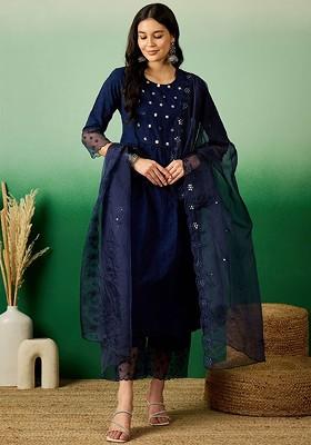 Navy Blue Self Design Blended Kurta Set