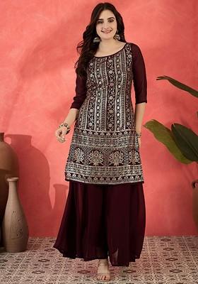 Burgundy Embroidered Blended Kurta Set