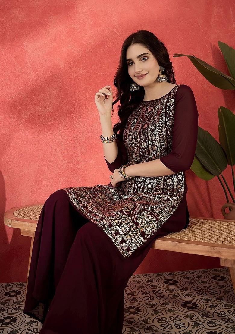 Burgundy Embroidered Blended Kurta Set - Indya