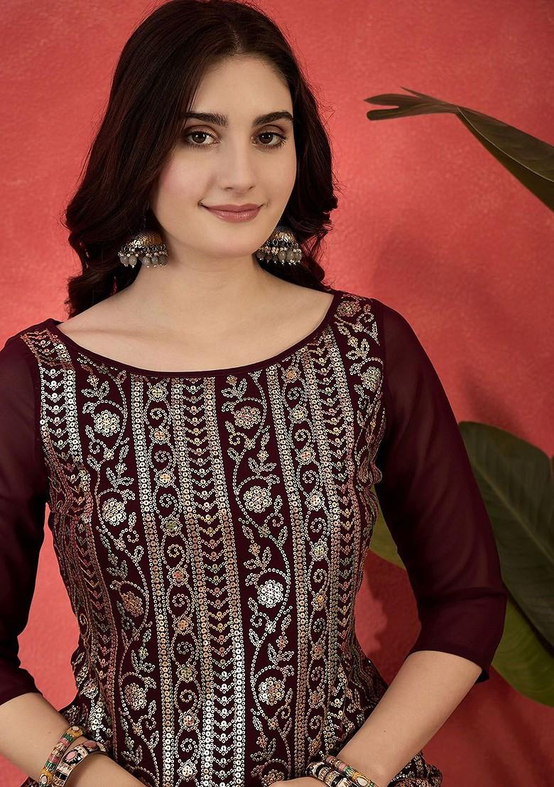Burgundy Embroidered Blended Kurta Set - Indya
