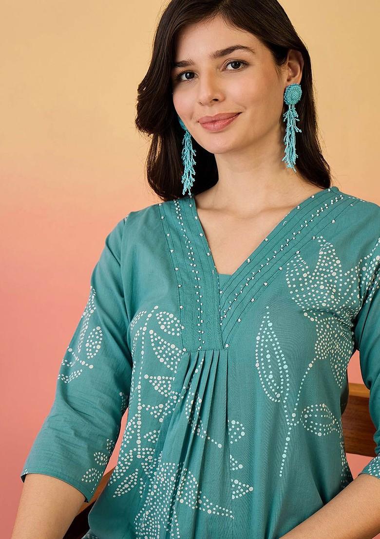 Blue Printed Blended Kurta Set - Indya