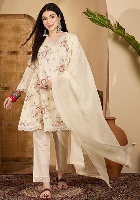 Cream Embroidered Blended Kurta Set