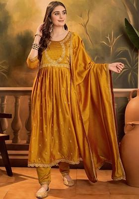 Yellow Embroidered Blended Kurta Set