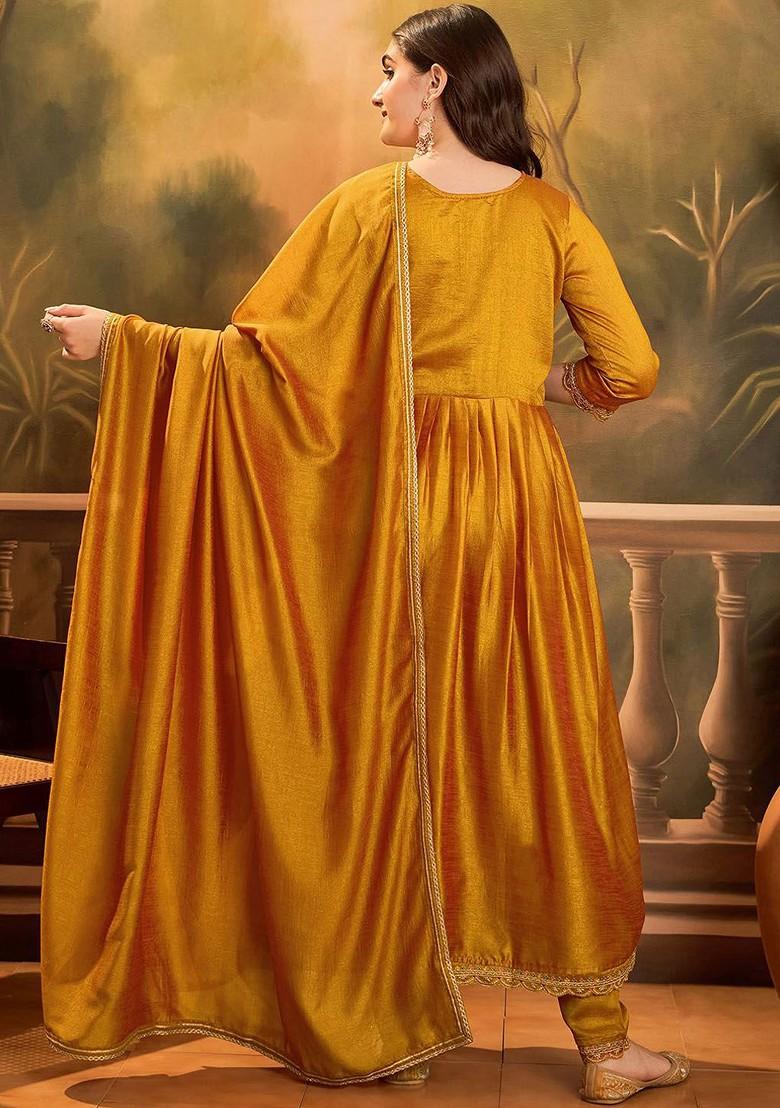 Yellow Embroidered Blended Kurta Set - Indya