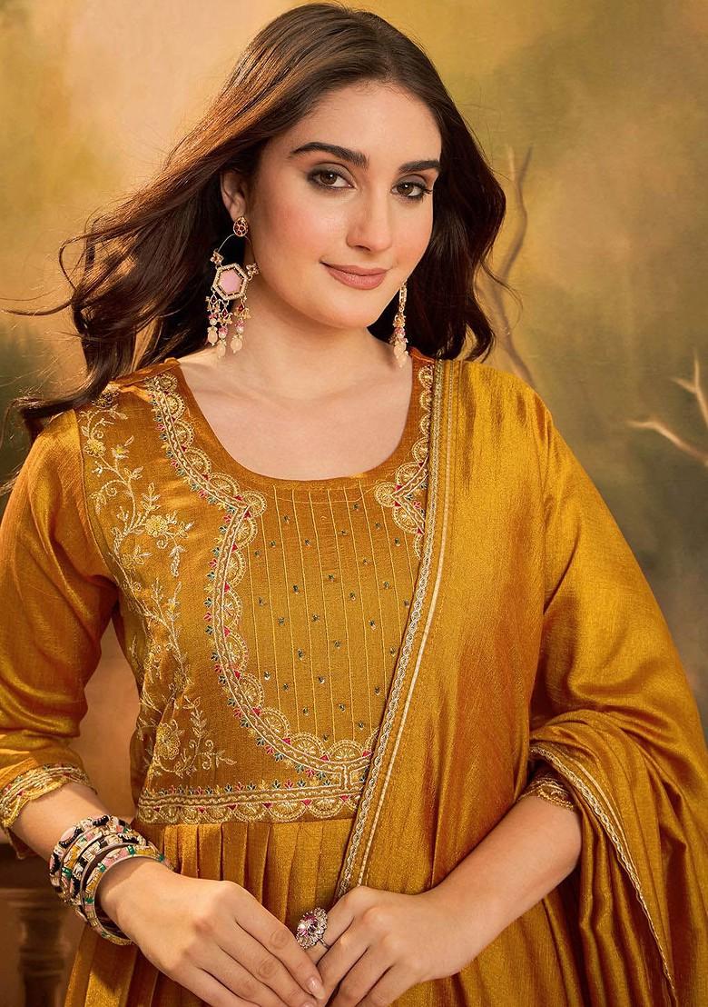 Yellow Embroidered Blended Kurta Set - Indya